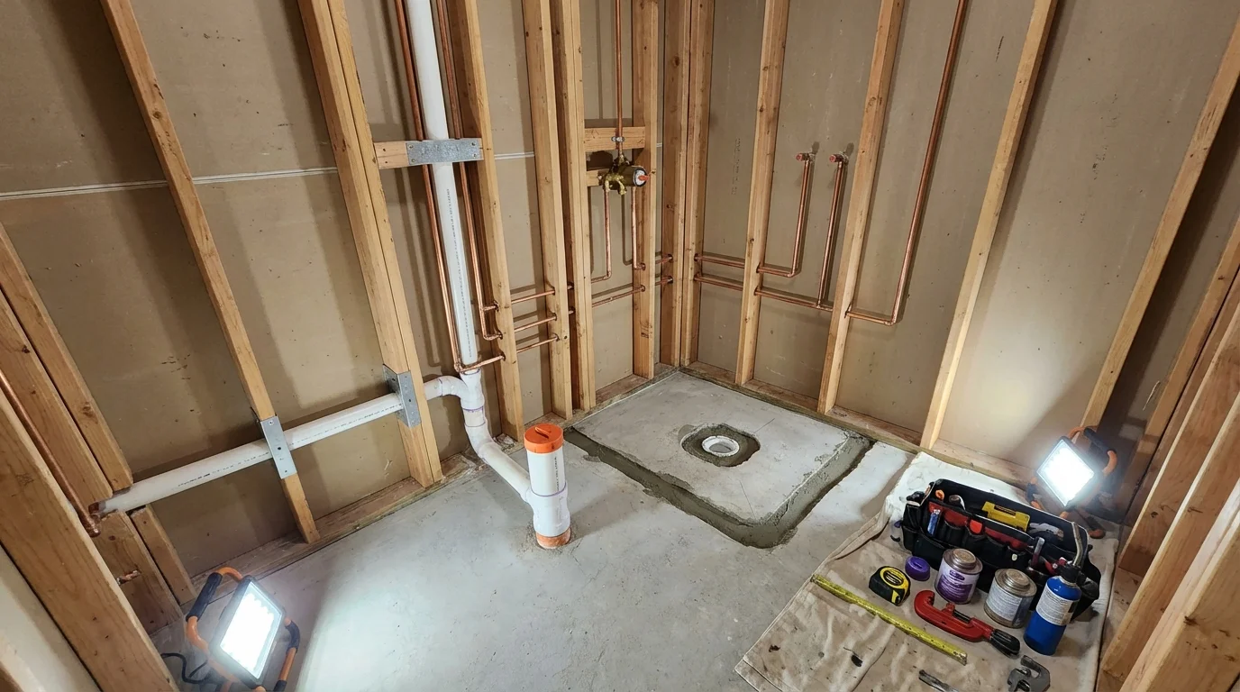 Bathroom rough-in plumbing during remodel by Johns Plumbing LLC in Selma
