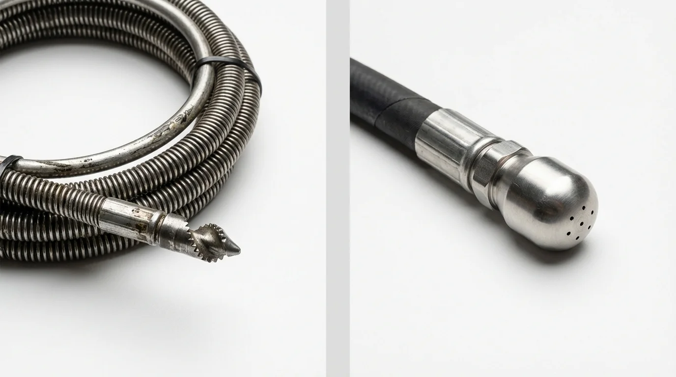 Drain snake cable and hydro jetting nozzle used for drain cleaning in Selma, CA