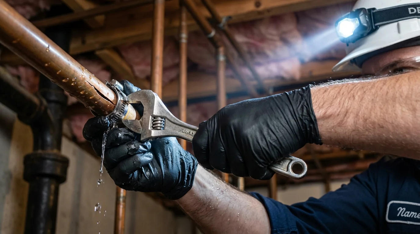 Emergency pipe clamp repair being performed by a Johns Plumbing LLC plumber in Selma